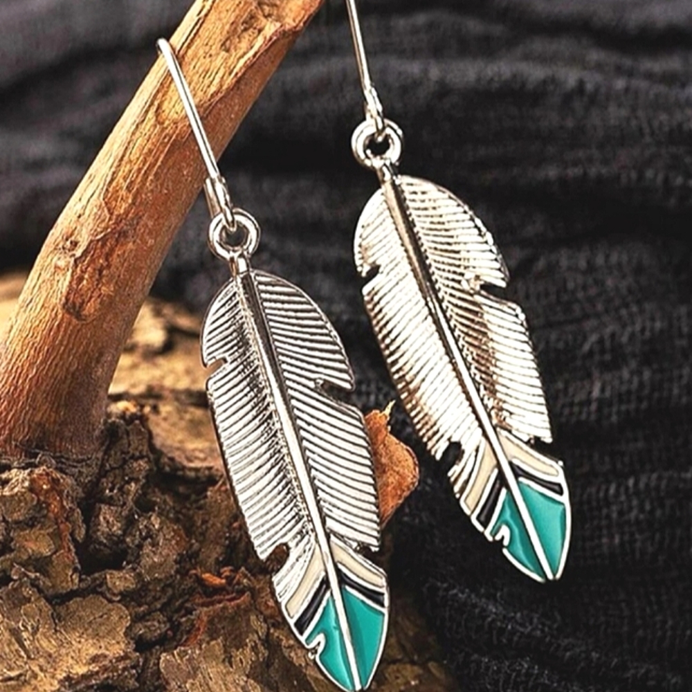 Single Feather Southwestern Aztec Dangle Turquoise and Silver Dangle Ear…